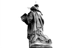 [ai] A black and white illustration of a statue from behind, draped in flowing robes, holding a book in one hand and a torch in the other, with rays of light above its head.